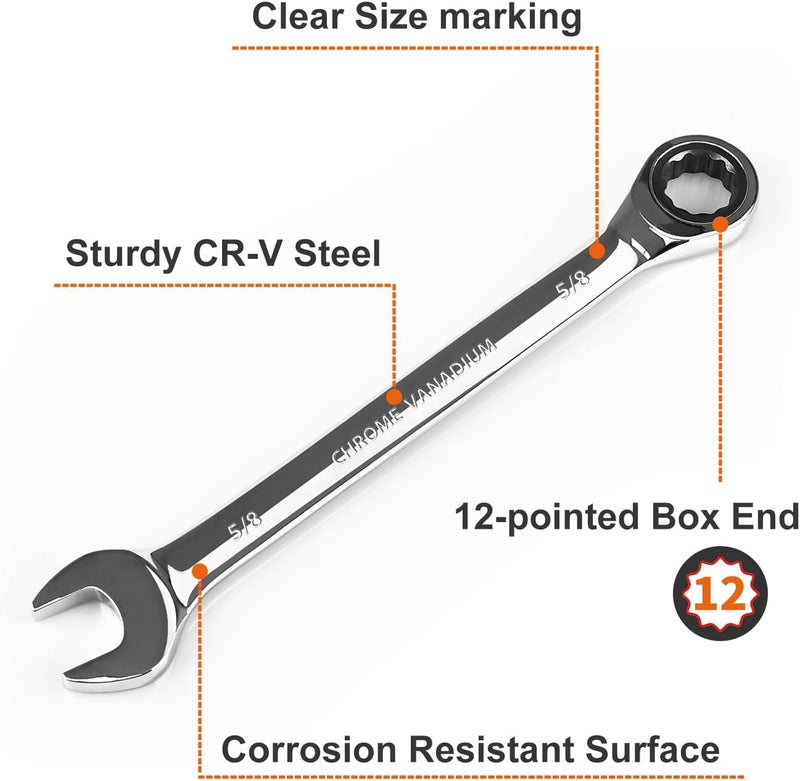 Egofine 5/8 inch Ratcheting Combination Wrench SAE, Industrial Grade Gear Spanner with 12-Point Design, 72-Tooth Ratchet, Chrome Vanadium Steel - Image 2